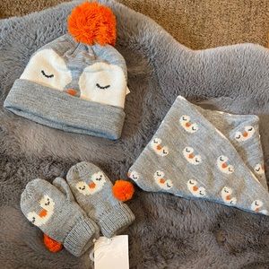 Penguin scarf beanie and mittens